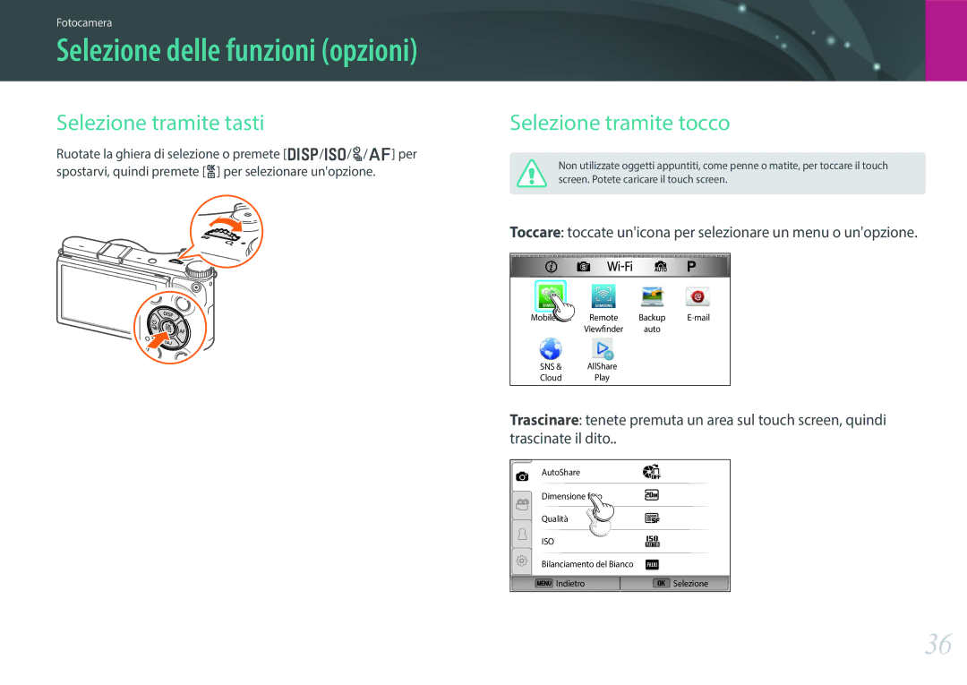 Samsung EV-NX300ZBSTIT, EV-NX300ZBQUIT manual Selezione tramite tasti, Selezione tramite tocco 