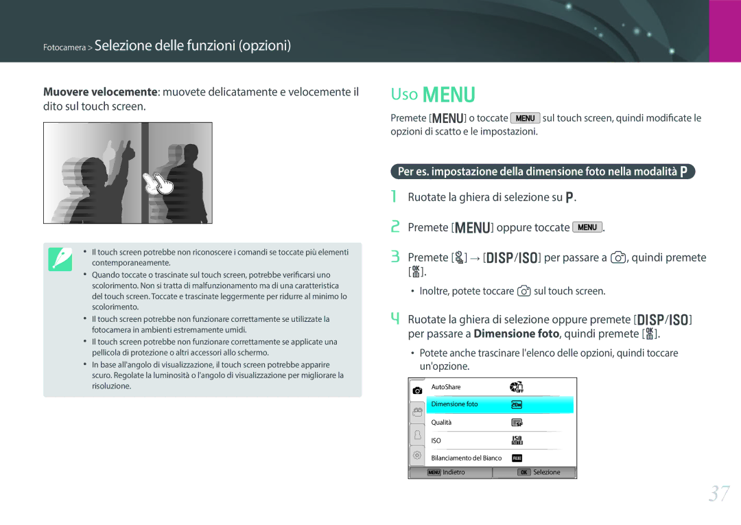 Samsung EV-NX300ZBQUIT, EV-NX300ZBSTIT manual Uso m, Fotocamera Selezione delle funzioni opzioni 