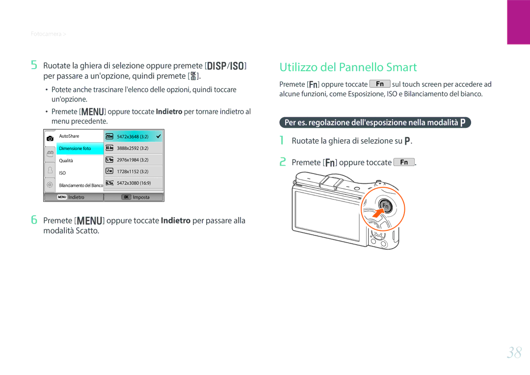 Samsung EV-NX300ZBSTIT, EV-NX300ZBQUIT Utilizzo del Pannello Smart, Per es. regolazione dellesposizione nella modalità P 