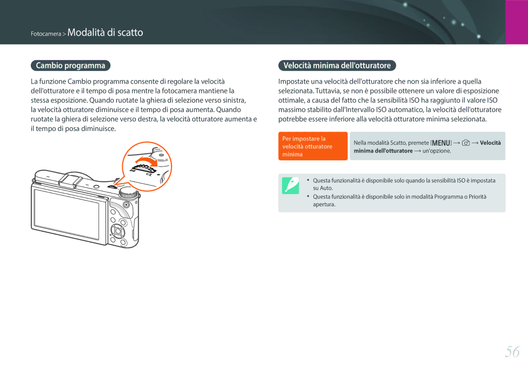 Samsung EV-NX300ZBSTIT, EV-NX300ZBQUIT manual Cambio programma, Velocità minima dellotturatore 