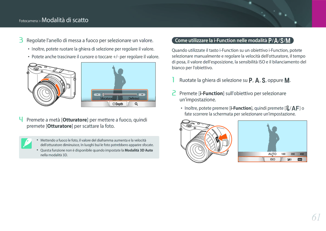 Samsung EV-NX300ZBQUIT, EV-NX300ZBSTIT manual Regolate lanello di messa a fuoco per selezionare un valore 