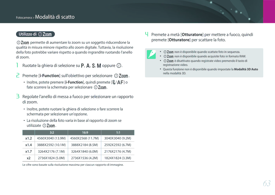 Samsung EV-NX300ZBQUIT, EV-NX300ZBSTIT manual Utilizzo di Z, 3040X3040 9.2M, 2592X2592 6.7M, 2176X2176 4.7M, 1824X1824 3.3M 