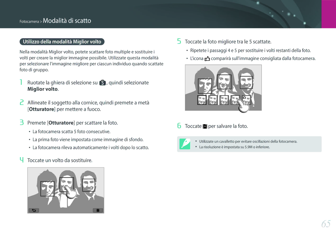 Samsung EV-NX300ZBQUIT, EV-NX300ZBSTIT manual Utilizzo della modalità Miglior volto, Toccate per salvare la foto 