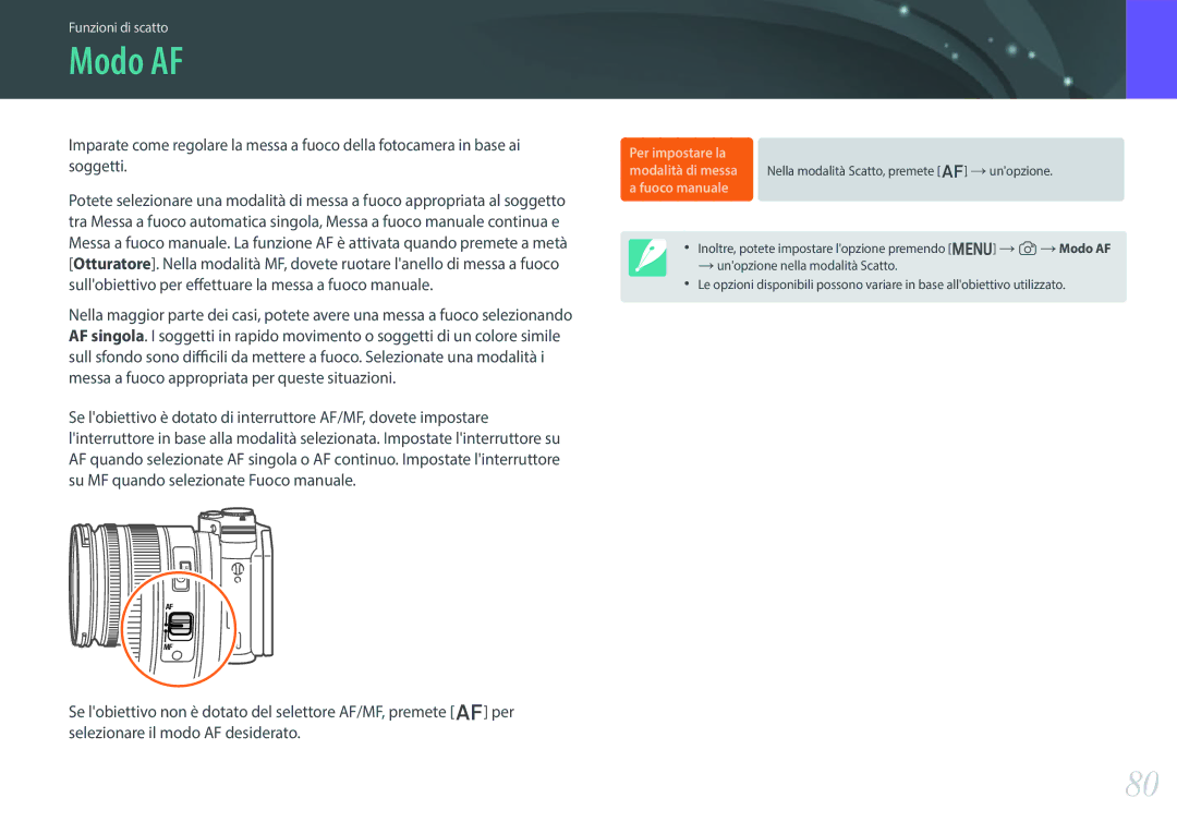 Samsung EV-NX300ZBSTIT, EV-NX300ZBQUIT Modo AF, Fuoco manuale 