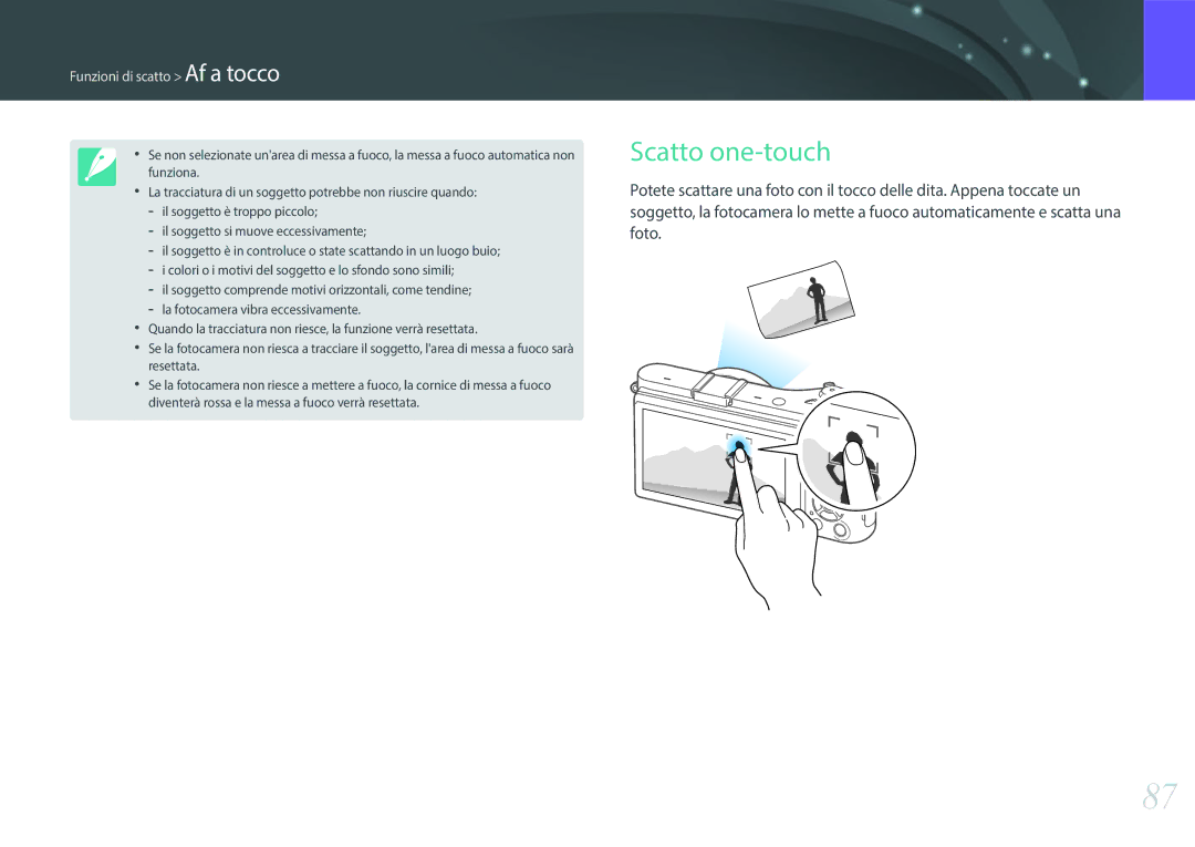 Samsung EV-NX300ZBQUIT, EV-NX300ZBSTIT manual Scatto one-touch, Funzioni di scatto Af a tocco 