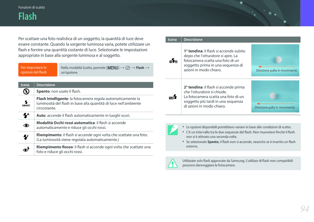 Samsung EV-NX300ZBSTIT, EV-NX300ZBQUIT manual Flash, Azioni in modo chiaro 