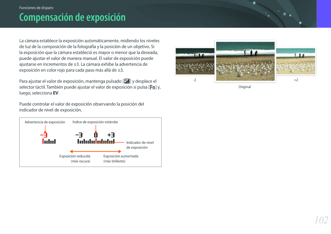 Samsung EV-NX300ZBSVES, EV-NX300ZBQUPT, EV-NX300ZBUTES, EV-NX300ZBQUIL, EV-NX300ZBSTES manual Compensación de exposición, 102 