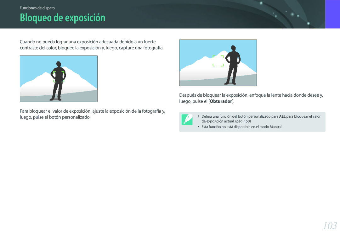 Samsung EV-NX300ZBQUPT, EV-NX300ZBUTES, EV-NX300ZBQUIL, EV-NX300ZBSTES, EV-NX300ZBQUES manual Bloqueo de exposición, 103 