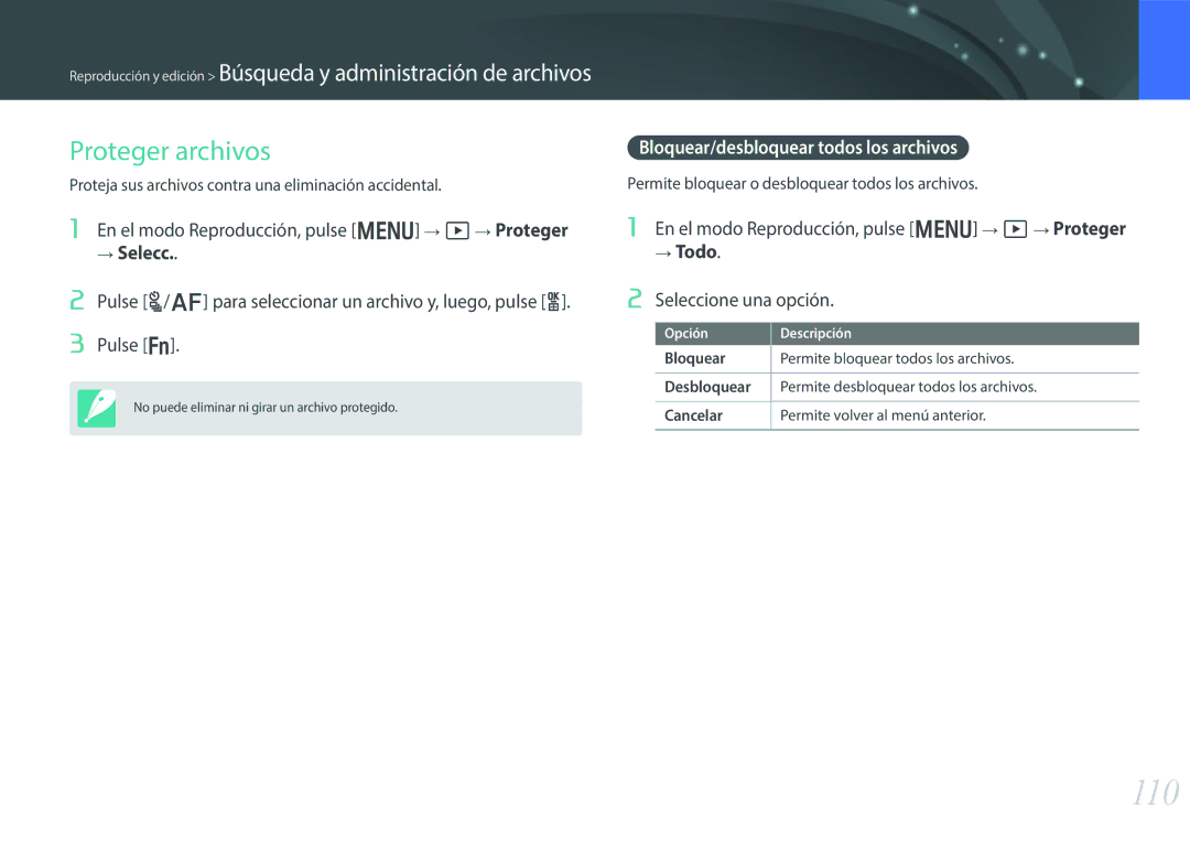 Samsung EV-NX300ZBSVES, EV-NX300ZBQUPT, EV-NX300ZBUTES manual 110, Proteger archivos, Bloquear/desbloquear todos los archivos 