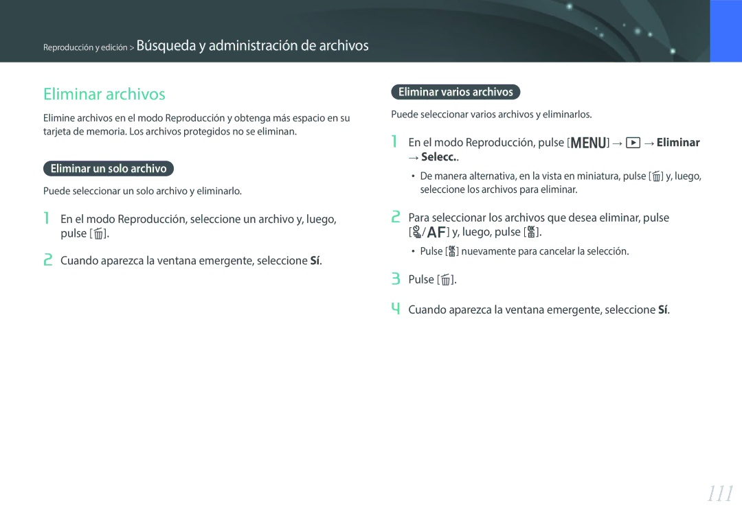 Samsung EV-NX300ZBQUPT, EV-NX300ZBUTES manual 111, Eliminar archivos, Eliminar un solo archivo, Eliminar varios archivos 