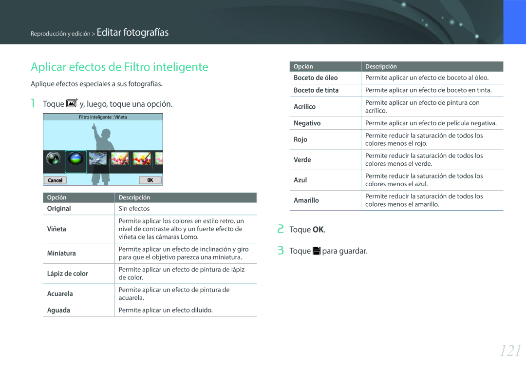 Samsung EV-NX300ZBQUIL, EV-NX300ZBQUPT manual 121, Aplicar efectos de Filtro inteligente, Toque y, luego, toque una opción 