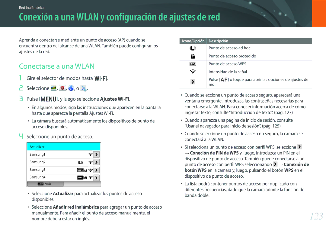 Samsung EV-NX300ZBQUES, EV-NX300ZBQUPT Conexión a una Wlan y configuración de ajustes de red, 123, Conectarse a una Wlan 