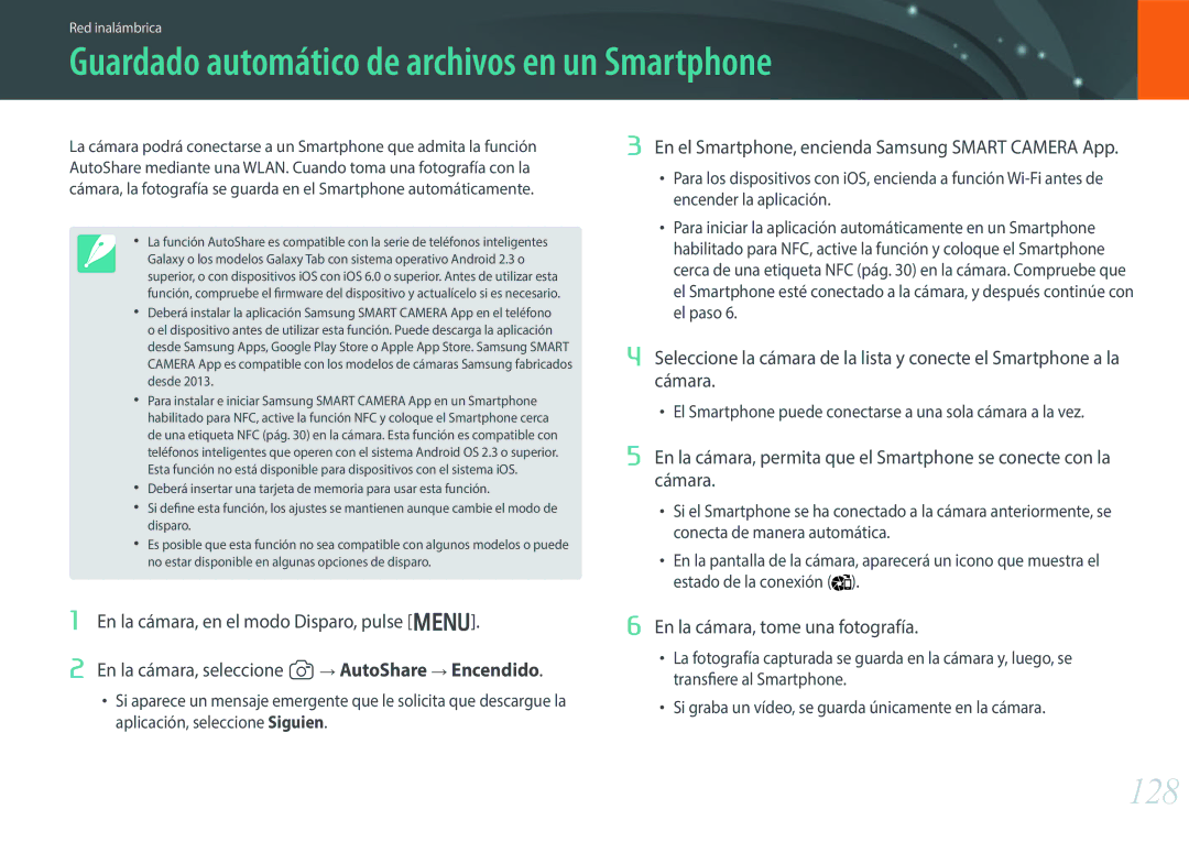 Samsung EV-NX300ZBUTES manual Guardado automático de archivos en un Smartphone, 128, En la cámara, tome una fotografía 