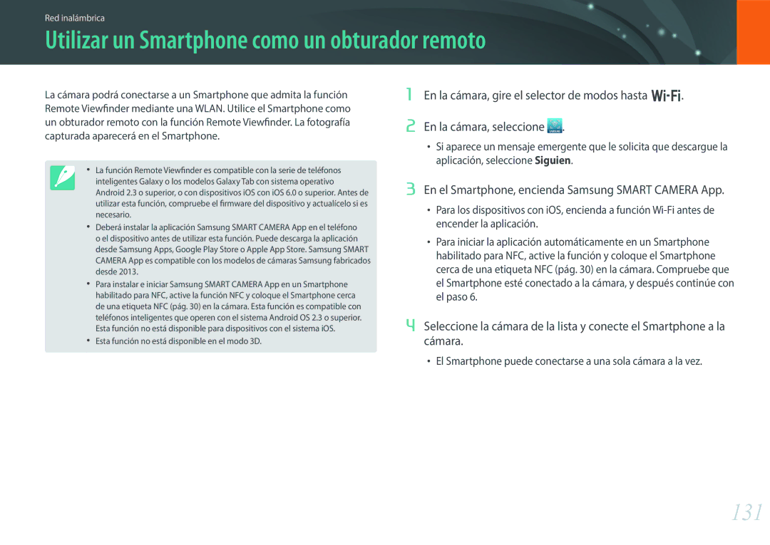 Samsung EV-NX300ZBQUES, EV-NX300ZBQUPT, EV-NX300ZBUTES, EV-NX300ZBQUIL Utilizar un Smartphone como un obturador remoto, 131 