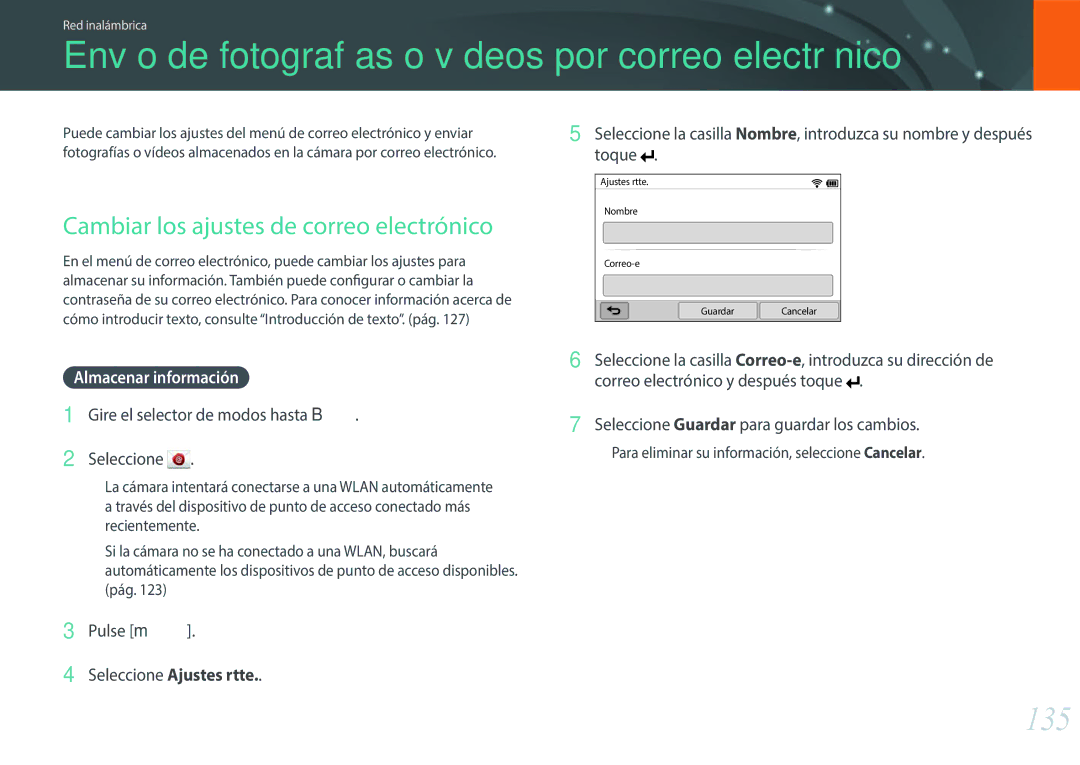 Samsung EV-NX300ZBQUPT, EV-NX300ZBUTES Envío de fotografías o vídeos por correo electrónico, 135, Almacenar información 