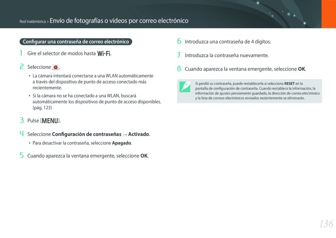 Samsung EV-NX300ZBUTES, EV-NX300ZBQUPT, EV-NX300ZBQUIL, EV-NX300ZBSTES 136, Configurar una contraseña de correo electrónico 