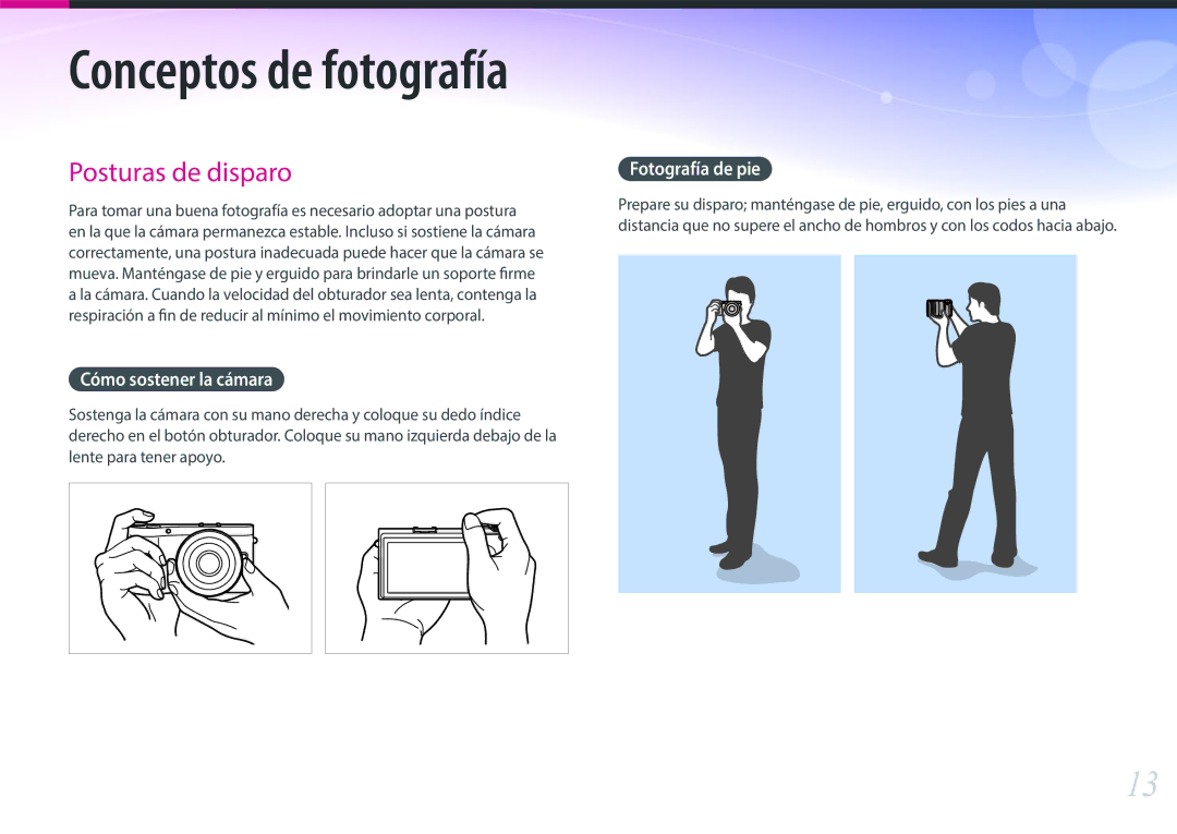 Samsung EV-NX300ZBYUFR, EV-NX300ZBQUPT, EV-NX300ZBUTES, EV-NX300ZBQUIL manual Cómo sostener la cámara, Fotografía de pie 