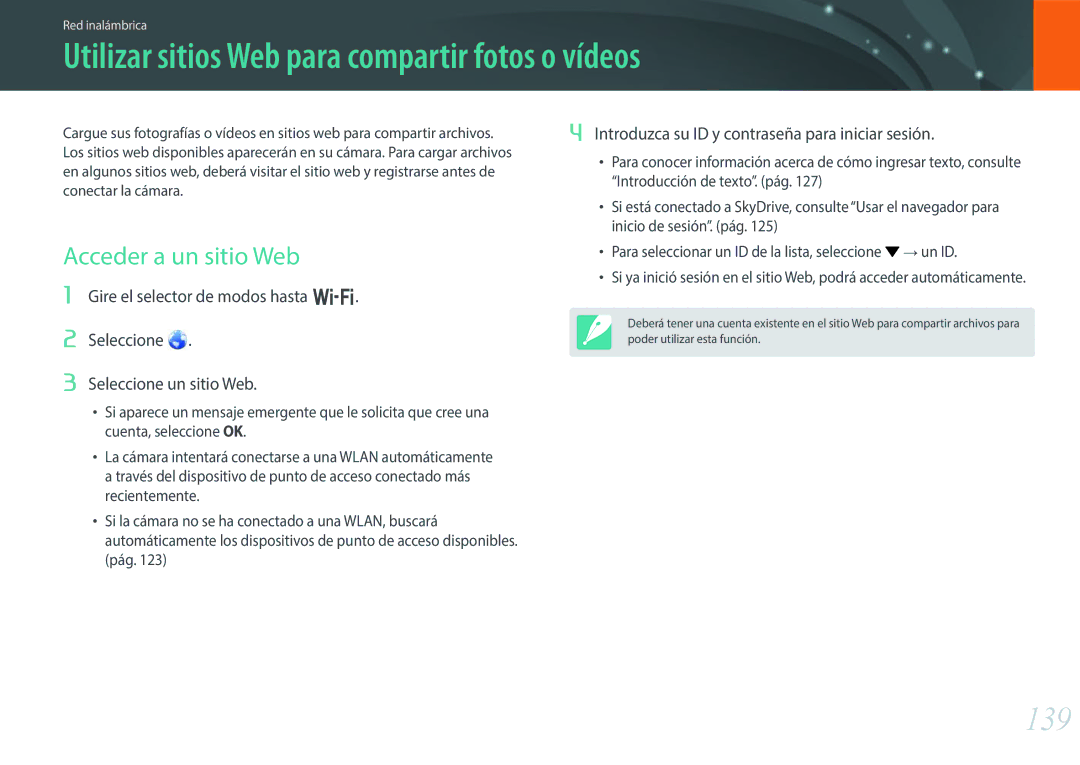 Samsung EV-NX300ZBQUES, EV-NX300ZBQUPT manual Utilizar sitios Web para compartir fotos o vídeos, 139, Acceder a un sitio Web 