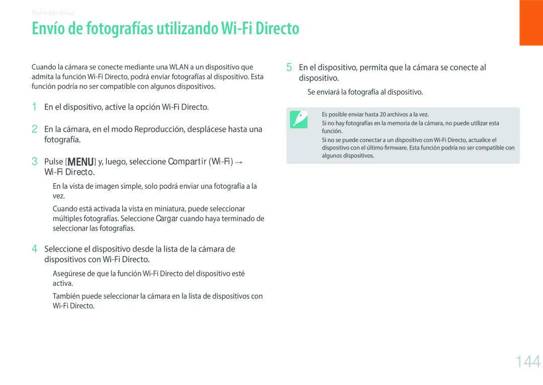 Samsung EV-NX300ZBUTES, EV-NX300ZBQUPT, EV-NX300ZBQUIL, EV-NX300ZBSTES Envío de fotografías utilizando Wi-Fi Directo, 144 