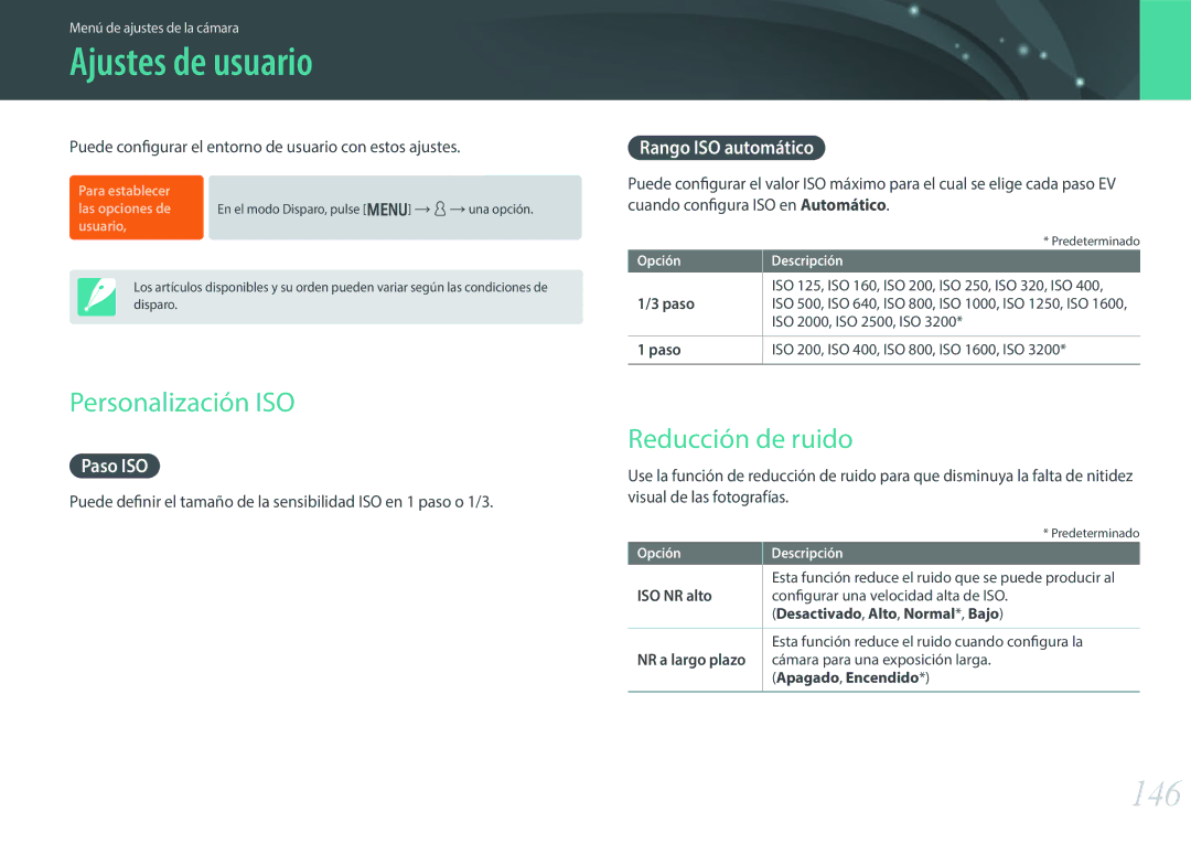 Samsung EV-NX300ZBSTES, EV-NX300ZBQUPT, EV-NX300ZBUTES Ajustes de usuario, 146, Personalización ISO, Reducción de ruido 