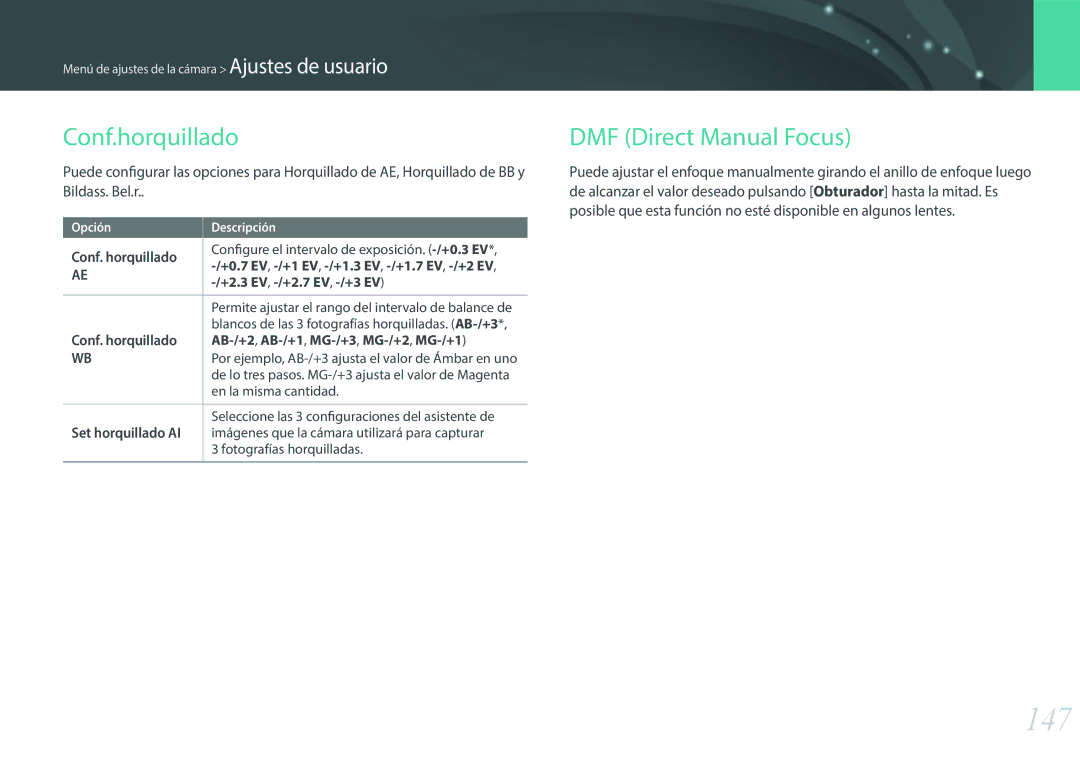 Samsung EV-NX300ZBQUES, EV-NX300ZBQUPT, EV-NX300ZBUTES, EV-NX300ZBQUIL manual 147, Conf.horquillado, DMF Direct Manual Focus 