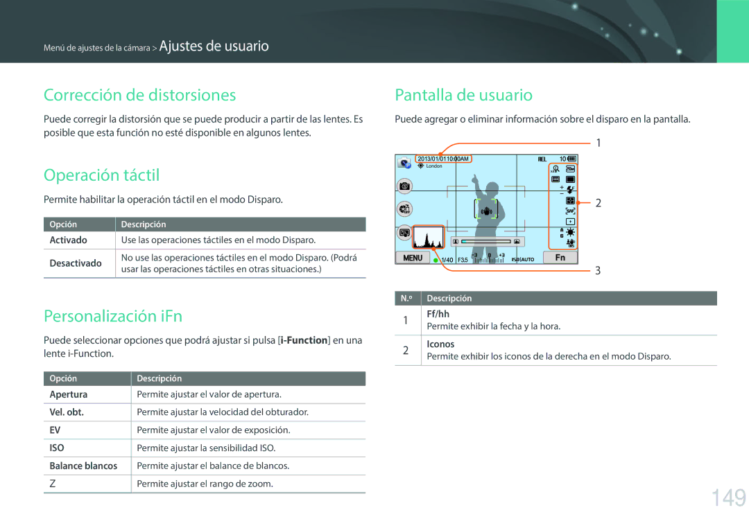 Samsung EV-NX300ZBYUFR manual 149, Corrección de distorsiones, Operación táctil, Personalización iFn, Pantalla de usuario 