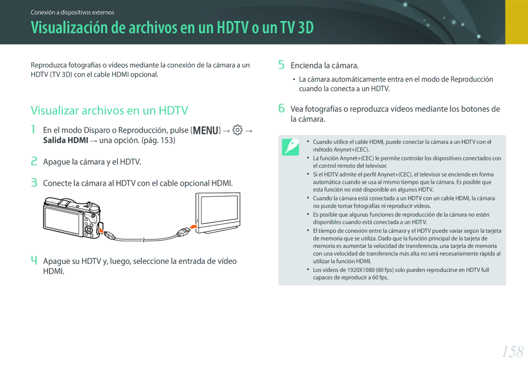 Samsung EV-NX300ZBSVES manual Visualización de archivos en un Hdtv o un TV 3D, 158, Visualizar archivos en un Hdtv 