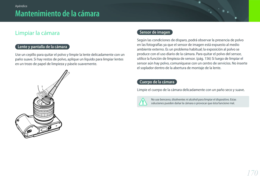 Samsung EV-NX300ZBSTES, EV-NX300ZBQUPT, EV-NX300ZBUTES, EV-NX300ZBQUIL Mantenimiento de la cámara, 170, Limpiar la cámara 