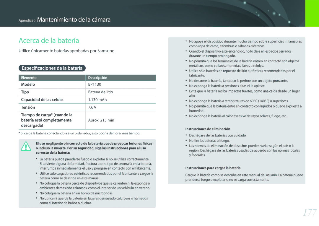 Samsung EV-NX300ZBQUIL, EV-NX300ZBQUPT, EV-NX300ZBUTES manual 177, Acerca de la batería, Especificaciones de la batería 