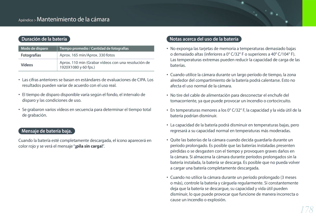 Samsung EV-NX300ZBSTES manual 178, Duración de la batería, Mensaje de batería baja, Notas acerca del uso de la batería 