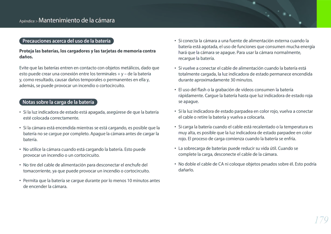 Samsung EV-NX300ZBQUES, EV-NX300ZBQUPT 179, Precauciones acerca del uso de la batería, Notas sobre la carga de la batería 