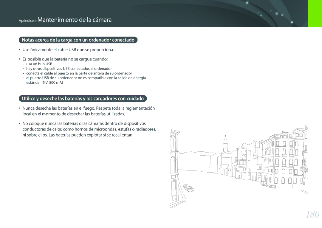 Samsung EV-NX300ZBSVIL, EV-NX300ZBQUPT, EV-NX300ZBUTES manual 180, Notas acerca de la carga con un ordenador conectado 