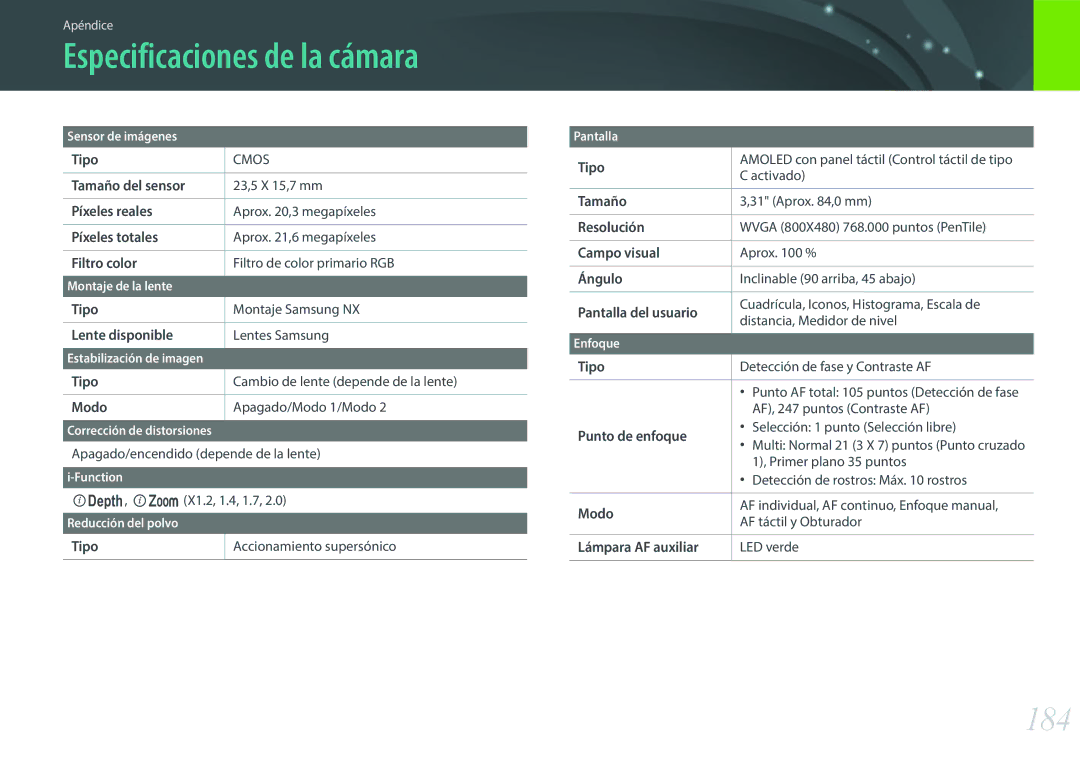 Samsung EV-NX300ZBUTES, EV-NX300ZBQUPT, EV-NX300ZBQUIL, EV-NX300ZBSTES, EV-NX300ZBQUES, EV-NX300ZBSVIL, EV-NX300ZBYUFR manual 184 