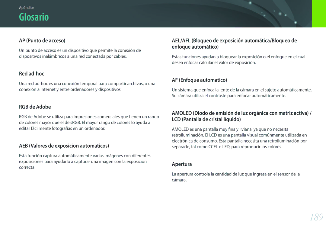 Samsung EV-NX300ZBYUFR, EV-NX300ZBQUPT, EV-NX300ZBUTES, EV-NX300ZBQUIL, EV-NX300ZBSTES, EV-NX300ZBQUES manual Glosario, 189 