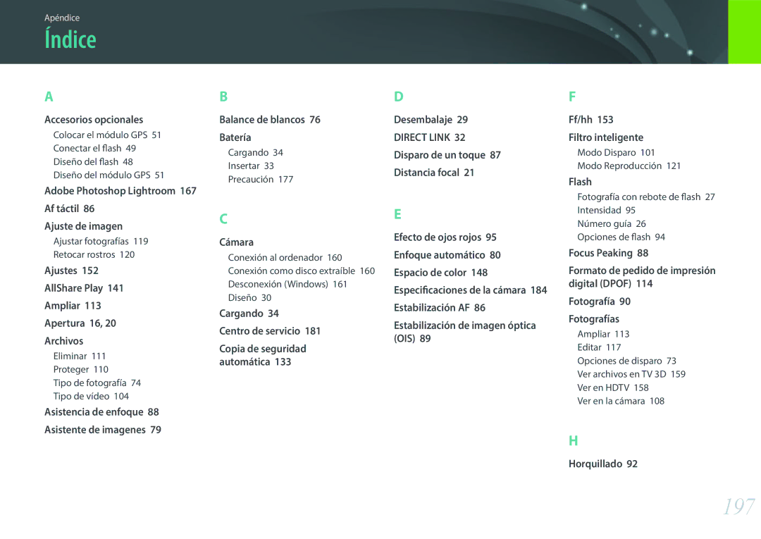 Samsung EV-NX300ZBYUFR manual Índice, 197, Adobe Photoshop Lightroom, Direct Link 32 Disparo de un toque 87 Distancia focal 