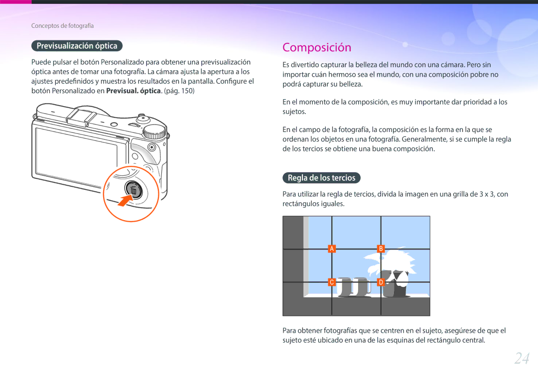 Samsung EV-NX300ZBUTES, EV-NX300ZBQUPT, EV-NX300ZBQUIL, EV-NX300ZBSTES manual Previsualización óptica, Regla de los tercios 