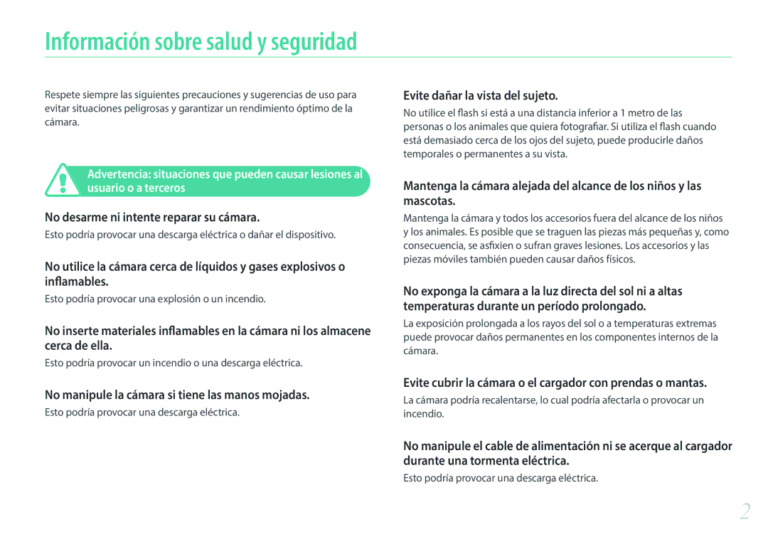 Samsung EV-NX300ZBSTES, EV-NX300ZBQUPT manual Información sobre salud y seguridad, No desarme ni intente reparar su cámara 
