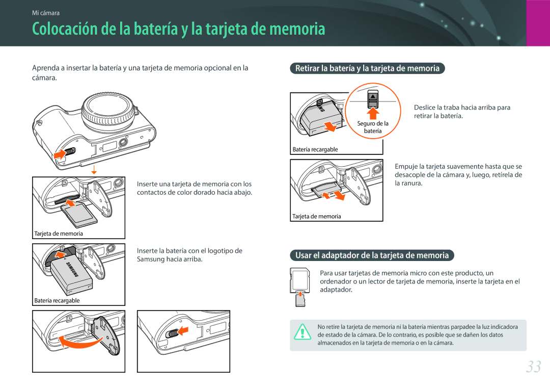 Samsung EV-NX300ZBQUIL manual Colocación de la batería y la tarjeta de memoria, Retirar la batería y la tarjeta de memoria 