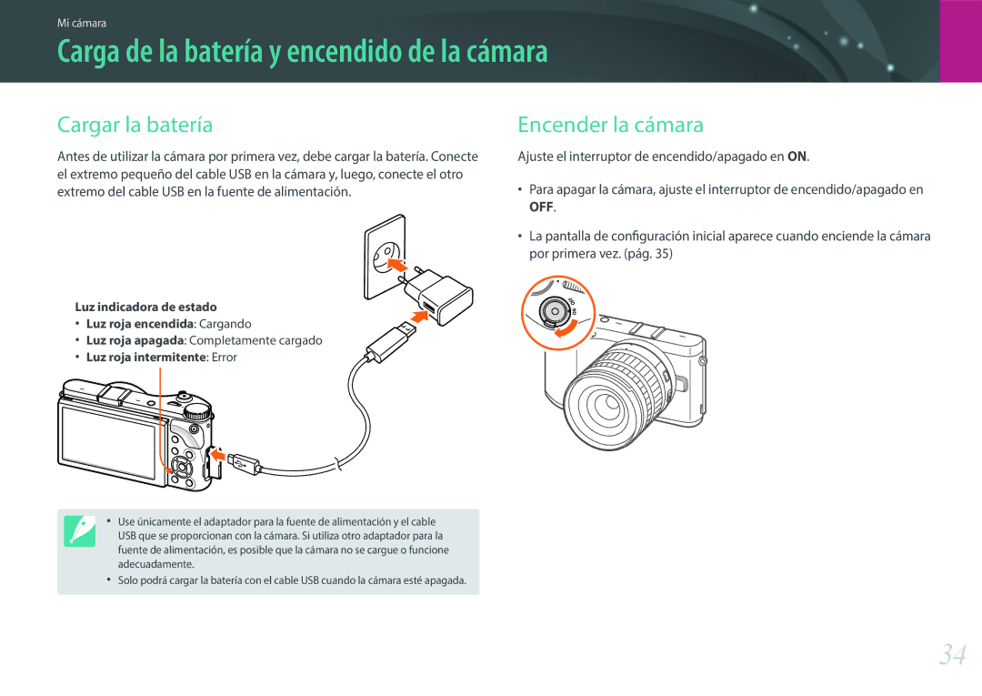 Samsung EV-NX300ZBSTES, EV-NX300ZBQUPT Carga de la batería y encendido de la cámara, Cargar la batería, Encender la cámara 