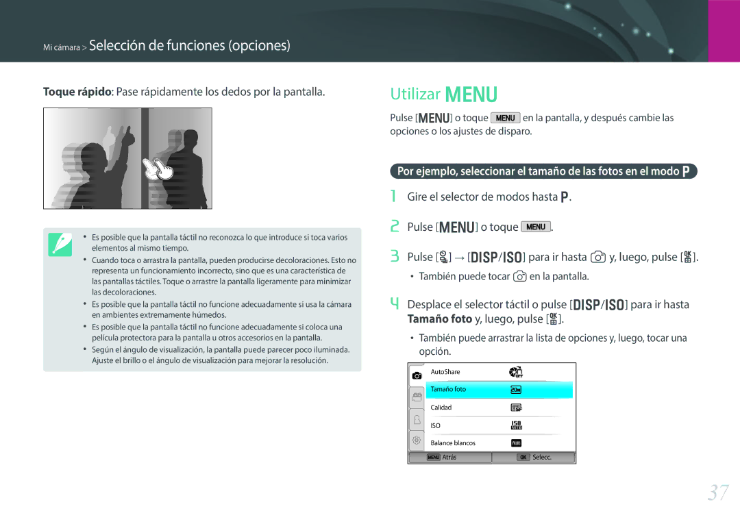 Samsung EV-NX300ZBYUFR, EV-NX300ZBQUPT, EV-NX300ZBUTES Utilizar m, Toque rápido Pase rápidamente los dedos por la pantalla 