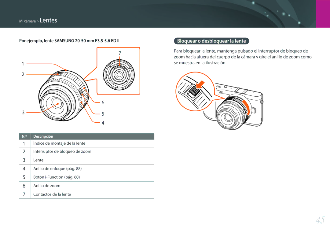 Samsung EV-NX300ZBYUFR, EV-NX300ZBQUPT Bloquear o desbloquear la lente, Por ejemplo, lente Samsung 20-50 mm F3.5-5.6 ED 