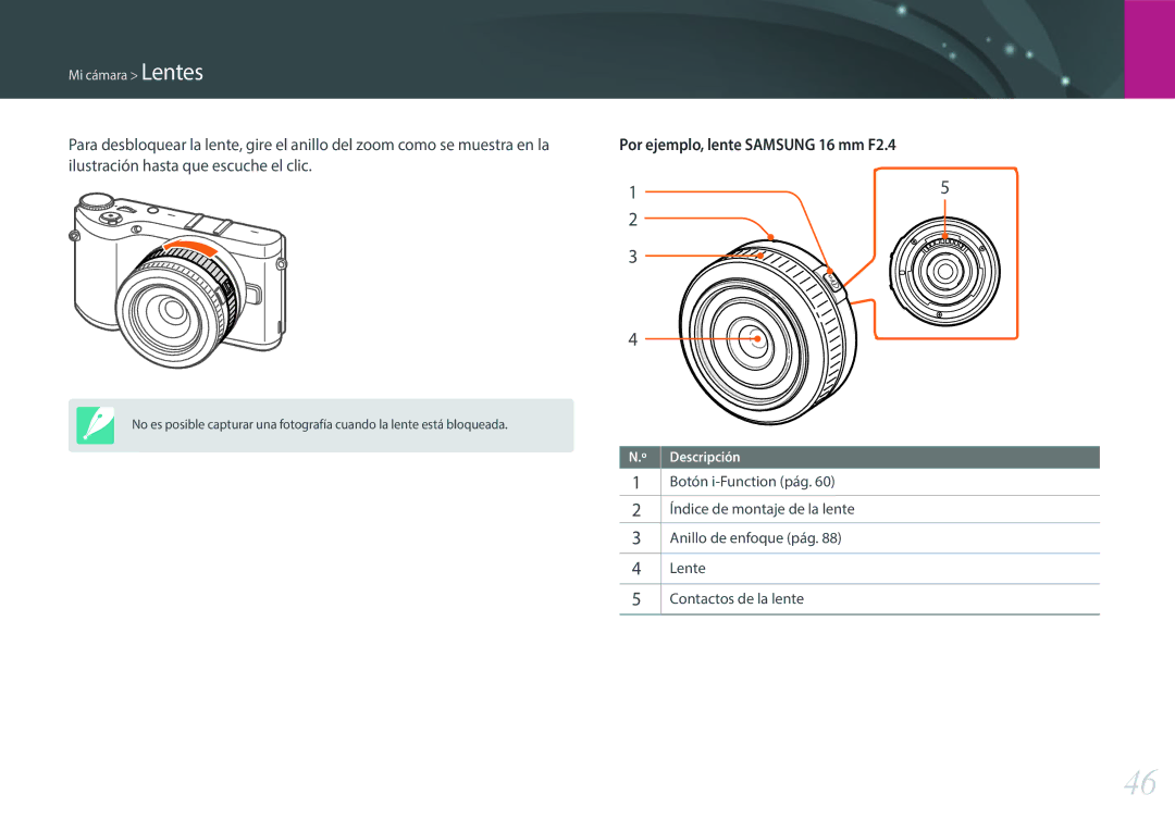 Samsung EV-NX300ZBSVES, EV-NX300ZBQUPT, EV-NX300ZBUTES, EV-NX300ZBQUIL, EV-NX300ZBSTES Por ejemplo, lente Samsung 16 mm F2.4 