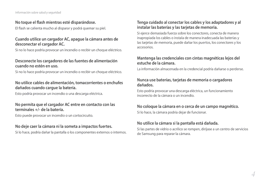 Samsung EV-NX300ZBSVIL, EV-NX300ZBQUPT manual No deje caer la cámara ni la someta a impactos fuertes, No toque el flash 