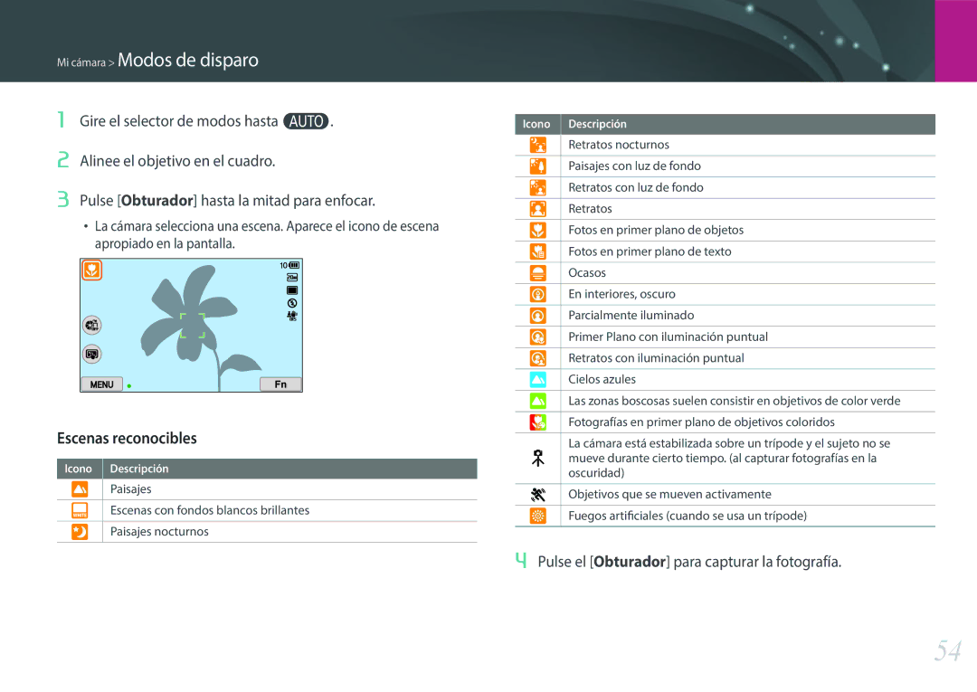 Samsung EV-NX300ZBSVES, EV-NX300ZBQUPT, EV-NX300ZBUTES Escenas reconocibles, Pulse el Obturador para capturar la fotografía 
