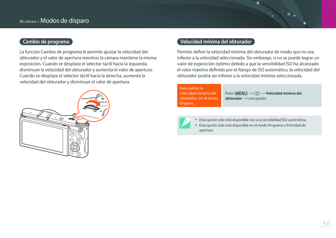 Samsung EV-NX300ZBUTES, EV-NX300ZBQUPT, EV-NX300ZBQUIL, EV-NX300ZBSTES Cambio de programa, Velocidad mínima del obturador 