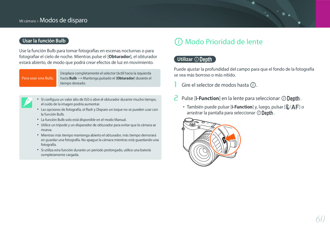 Samsung EV-NX300ZBSVIL, EV-NX300ZBQUPT, EV-NX300ZBUTES manual Modo Prioridad de lente, Usar la función Bulb, Utilizar E 