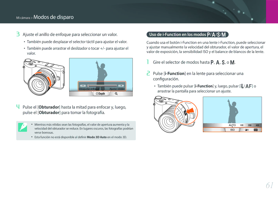 Samsung EV-NX300ZBYUFR manual Ajuste el anillo de enfoque para seleccionar un valor, Uso de i-Function en los modos P/A/S/M 