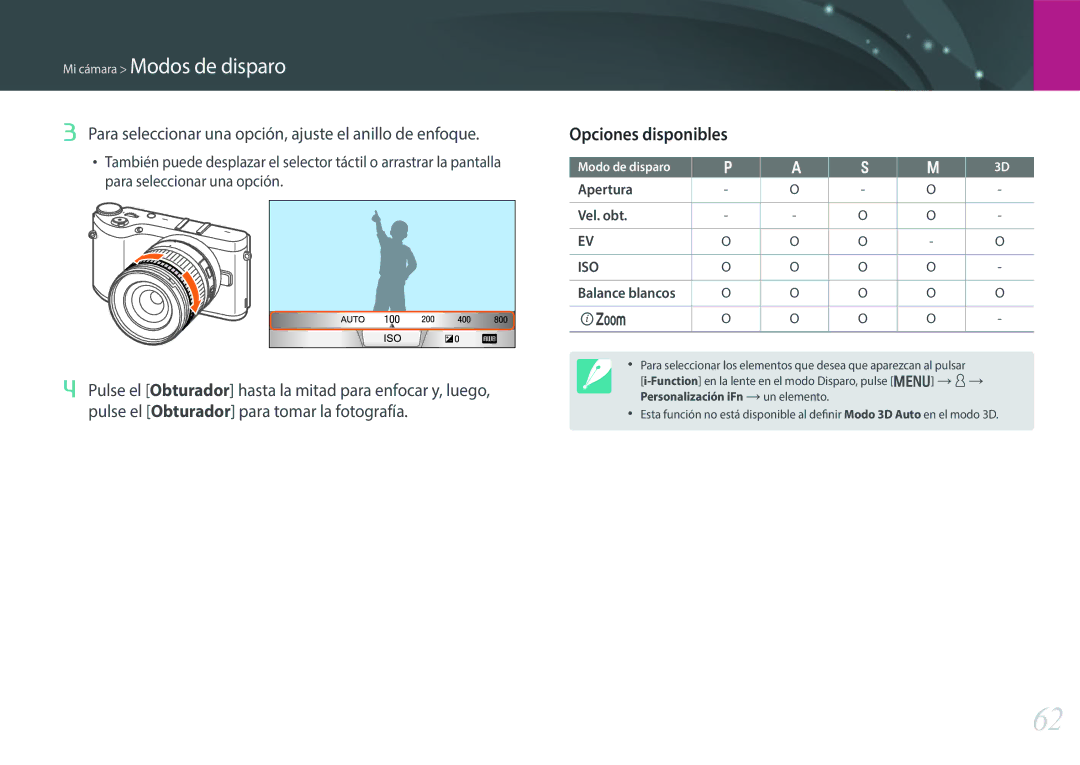 Samsung EV-NX300ZBSVES Opciones disponibles, Para seleccionar una opción, ajuste el anillo de enfoque, Apertura Vel. obt 