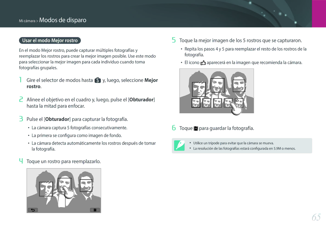 Samsung EV-NX300ZBQUIL, EV-NX300ZBQUPT, EV-NX300ZBUTES manual Usar el modo Mejor rostro, Toque para guardar la fotografía 