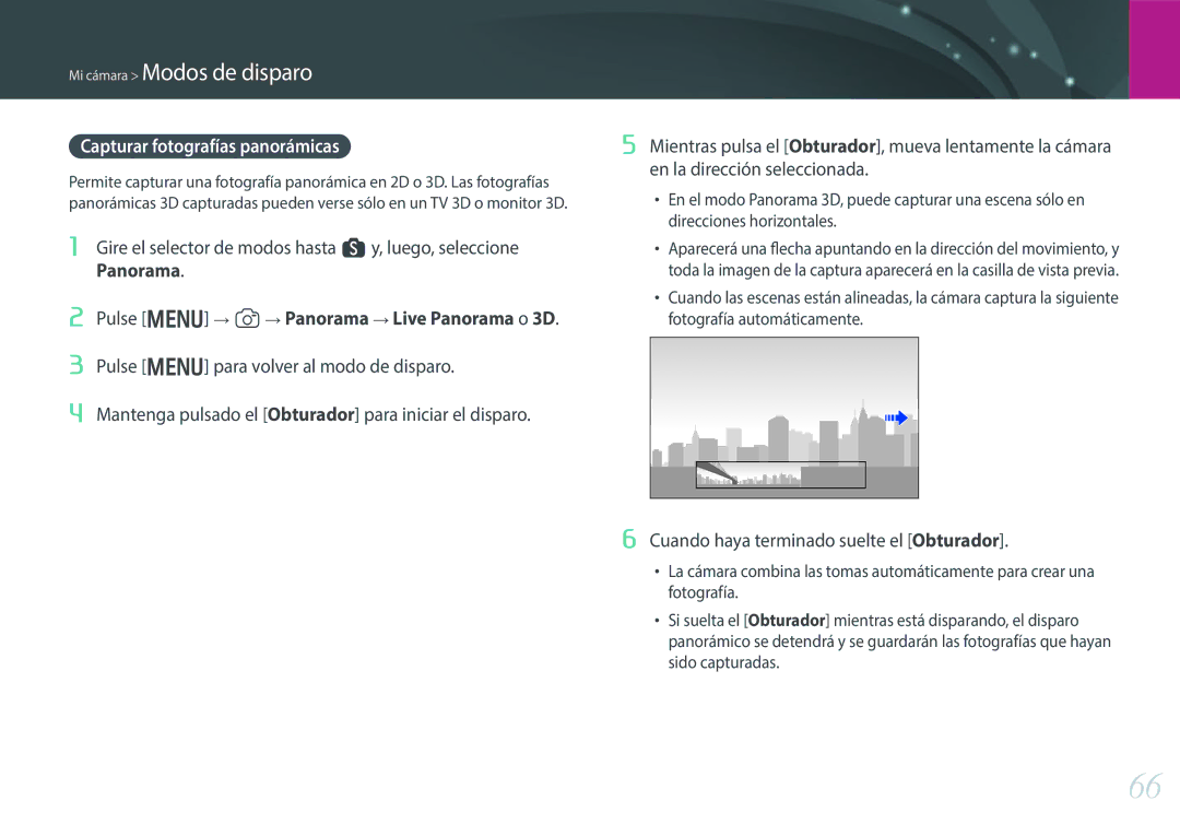 Samsung EV-NX300ZBSTES, EV-NX300ZBQUPT manual Capturar fotografías panorámicas, Cuando haya terminado suelte el Obturador 